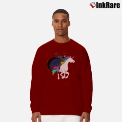 Men’s Batman Riding A Unicorn Funny Graphic Long-Sleeve Shirt in maroon | Sleek, Lightweight, Year-Round Wear
