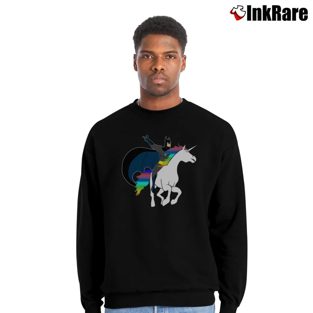 Men’s Batman Riding A Unicorn Funny Graphic Crewneck Sweatshirt in black | Cozy Fabric, Clean Style