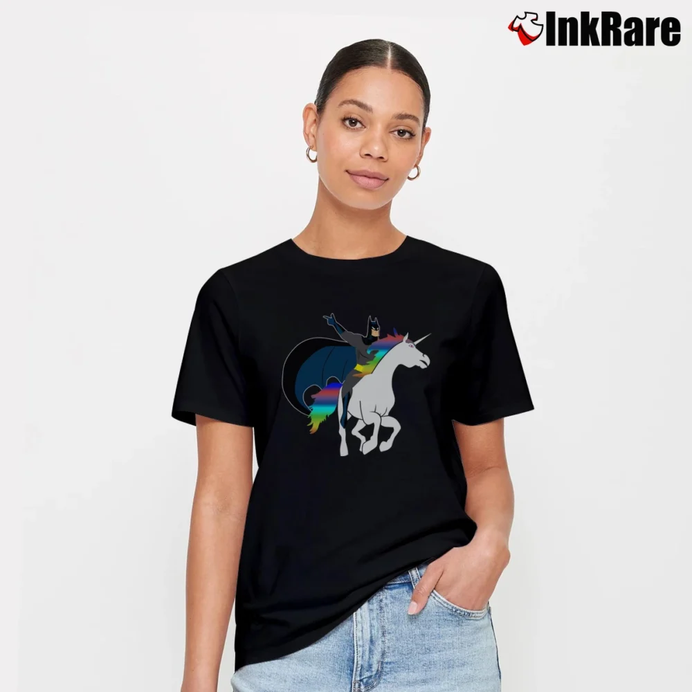 Women’s Batman Riding A Unicorn Funny Graphic Signature T-Shirt in black | Soft, Flattering Fit