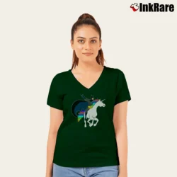 Women’s Batman Riding A Unicorn Funny Graphic V-Neck Tee in forest green | Chic Neckline, Soft Texture