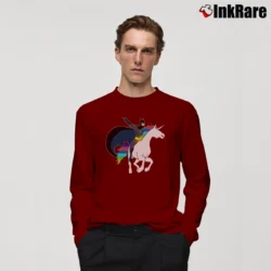 Men’s Batman Riding Unicorn Funny Graphic Long-Sleeve Shirt in maroon | Sleek, Lightweight, Year-Round Wear