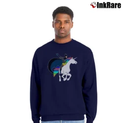 Men’s Batman Riding Unicorn Funny Graphic Crewneck Sweatshirt in navy | Cozy Fabric, Clean Style