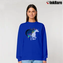 Women’s Batman Riding Unicorn Funny Graphic Relaxed Sweatshirt in royal blue | Soft, Laid-Back Vibe