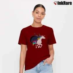 Women’s Batman Riding Unicorn Funny Graphic Signature T-Shirt in maroon | Soft, Flattering Fit