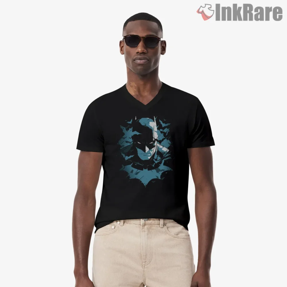 Batman Shattered Blue Shadows Shirt on black v-neck shirt for men graphic tee