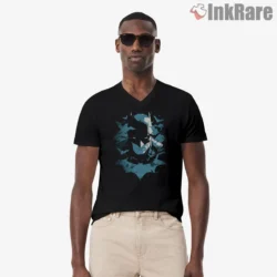Batman Shattered Blue Shadows Shirt on black v-neck shirt for men graphic tee