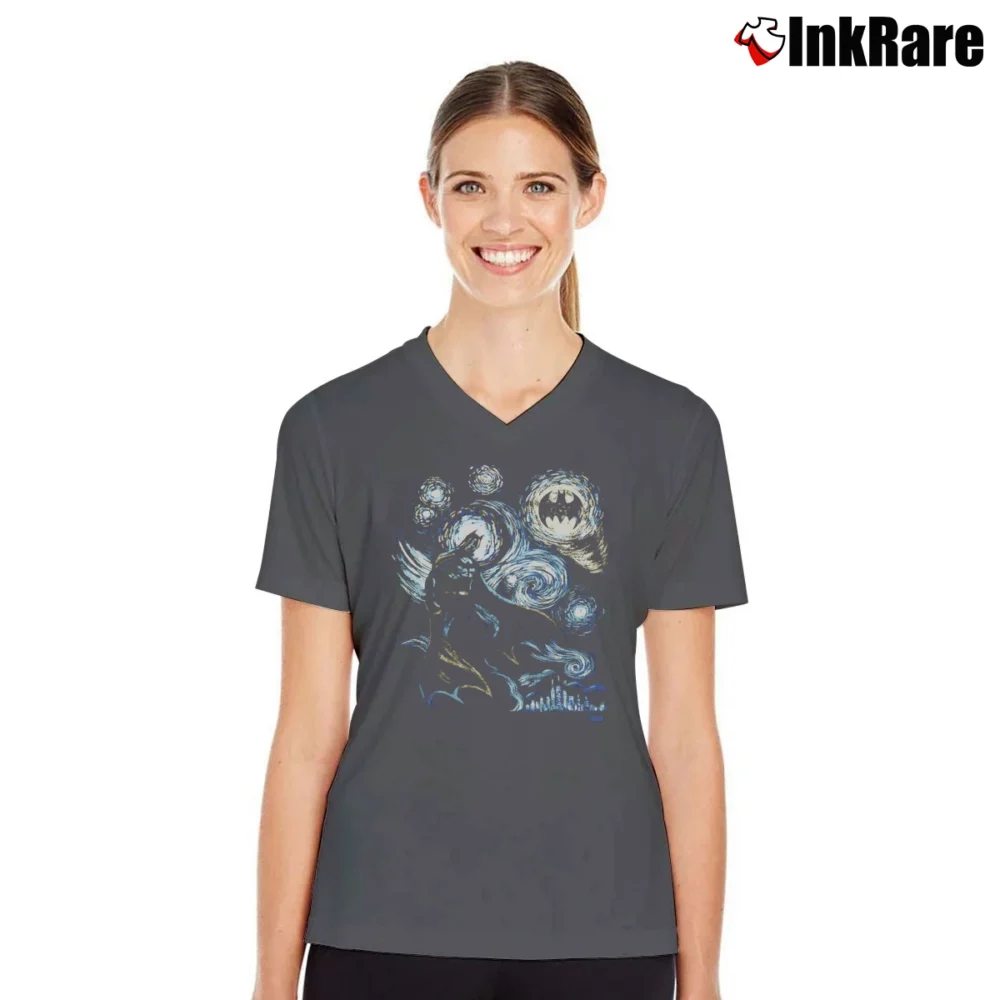 Women’s Batman Starry Night Comic Art V-Neck Tee in charcoal | Chic Neckline, Soft Texture