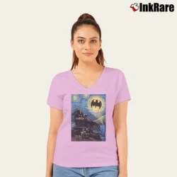 Women’s Batman Starry Night Style Painting Graphic V-Neck Tee in light pink | Chic Neckline, Soft Texture