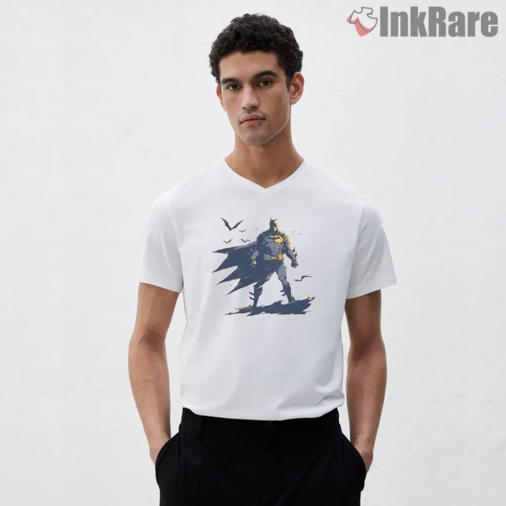 Batman Stormy Skyline Vigilante Shirt on white v-neck shirt for men graphic tee