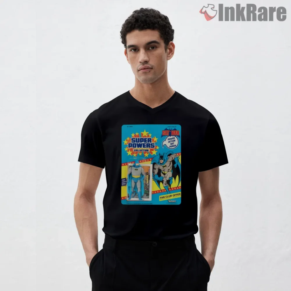 Batman Super Powers Retro Action Figure Shirt on black v-neck shirt for men graphic tee