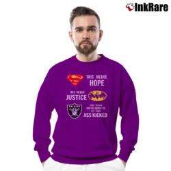 Men’s Batman Superman Oakland Raiders NFL Mashup Crewneck Sweatshirt in purple | Cozy Fabric, Clean Style