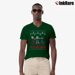 Men’s Batman Superman Wonder Woman Ugly Christmas V-Neck Tee in forest green | Sharp, Breathable, Everyday Staple