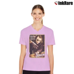 Women’s Batman The Dark Knight Joker Magic Trick V-Neck Tee in light pink | Chic Neckline, Soft Texture