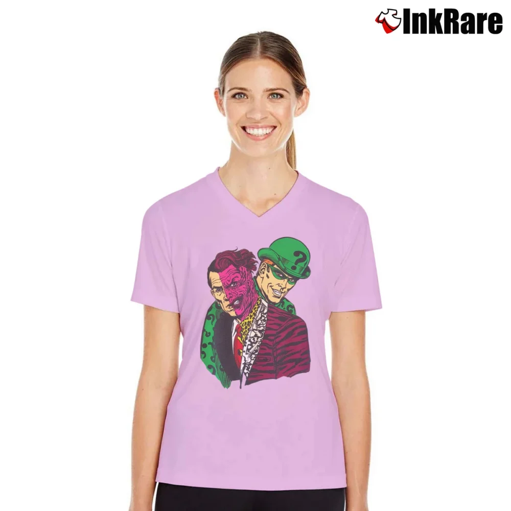 Women’s Batman The Riddler X Two Face Big Graphic Comic V-Neck Tee in light pink | Chic Neckline, Soft Texture