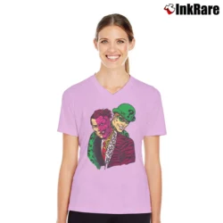 Women’s Batman The Riddler X Two Face Big Graphic Comic V-Neck Tee in light pink | Chic Neckline, Soft Texture