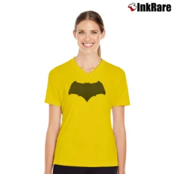 Women’s Batman V Superman Bat Symbol Black V-Neck Tee in yellow | Chic Neckline, Soft Texture