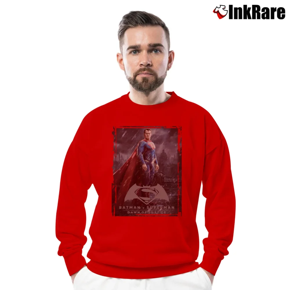 Men’s Batman V Superman Dawn Of Justice Poster Crewneck Sweatshirt in red | Cozy Fabric, Clean Style