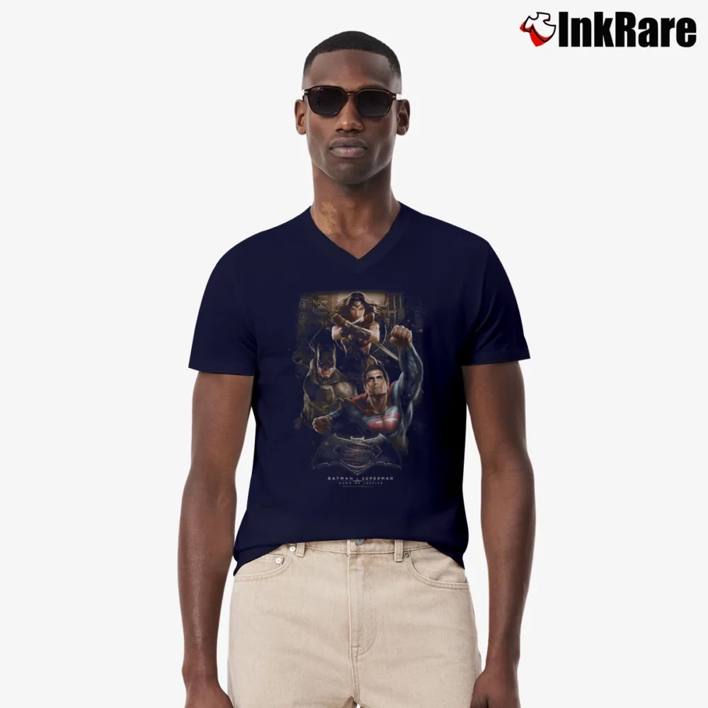 Men’s Batman V Superman Trinity Action DC Comics V-Neck Tee in navy | Sharp, Breathable, Everyday Staple