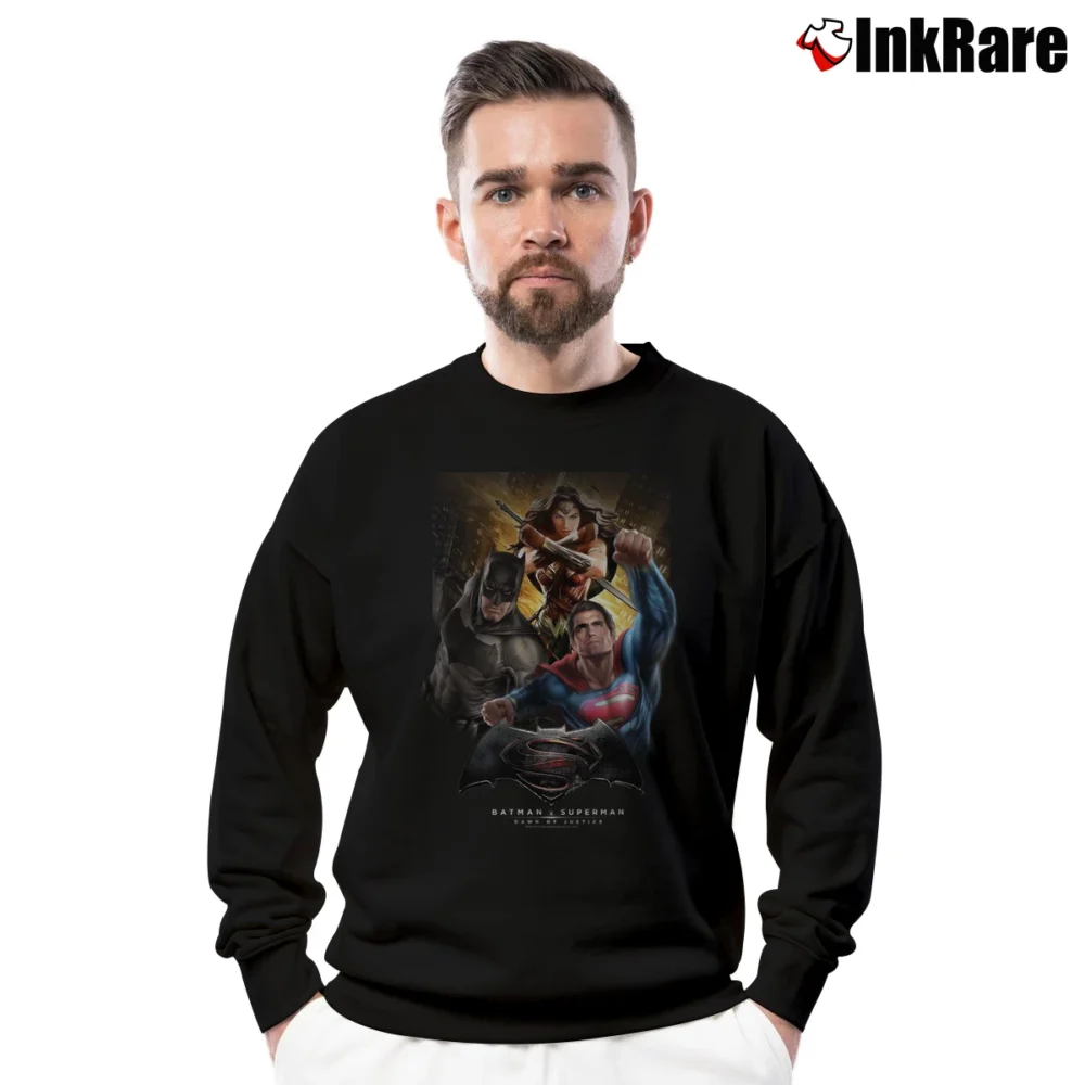 Men’s Batman V Superman Trinity Action Crewneck Sweatshirt in black | Cozy Fabric, Clean Style
