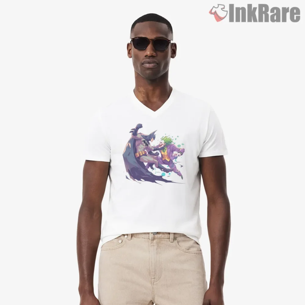 Batman Versus Joker Showdown Shirt on white v-neck shirt for men graphic tee