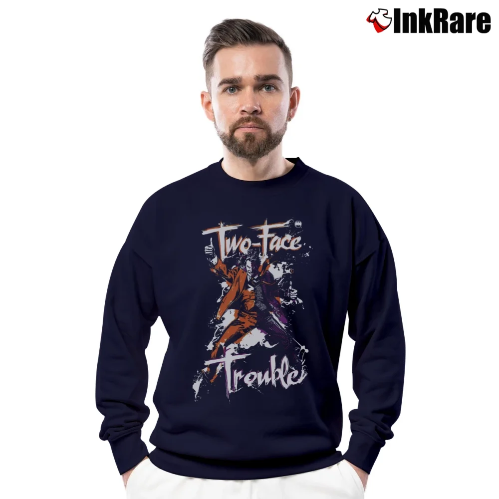 Men’s Batman Villains Two Face Trouble DC Comics Graphic Crewneck Sweatshirt in navy | Cozy Fabric, Clean Style