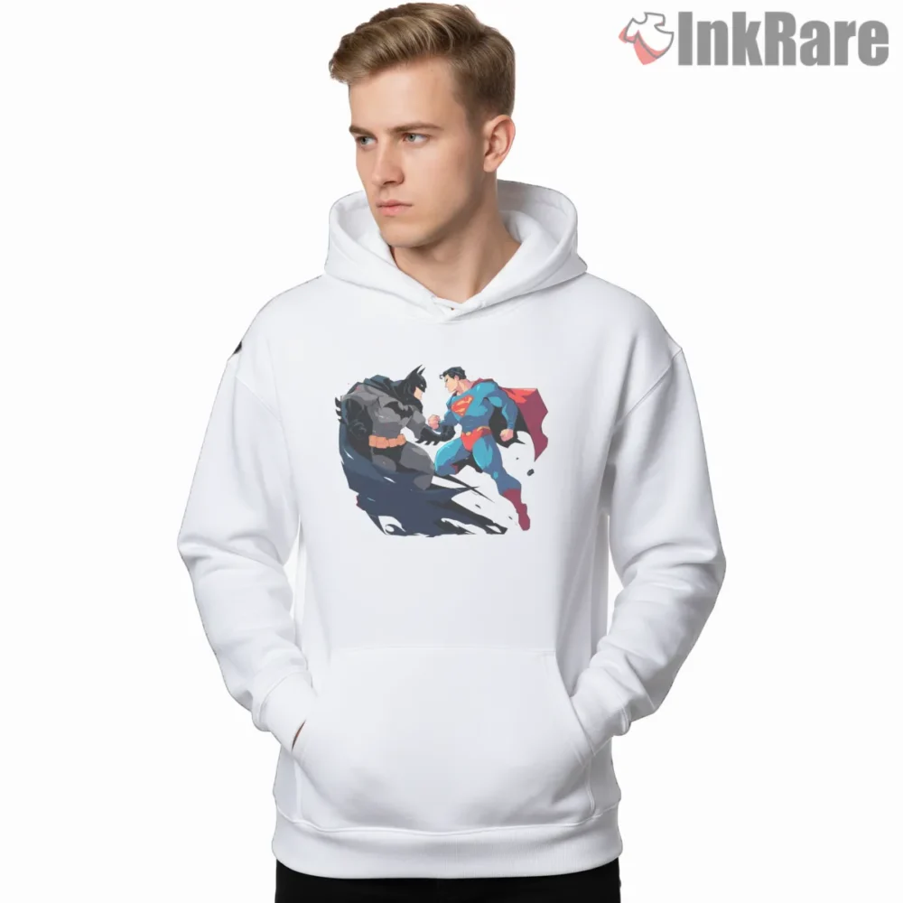 Batman Vs Superman Face Off Shirt on white hoodie for men graphic tee