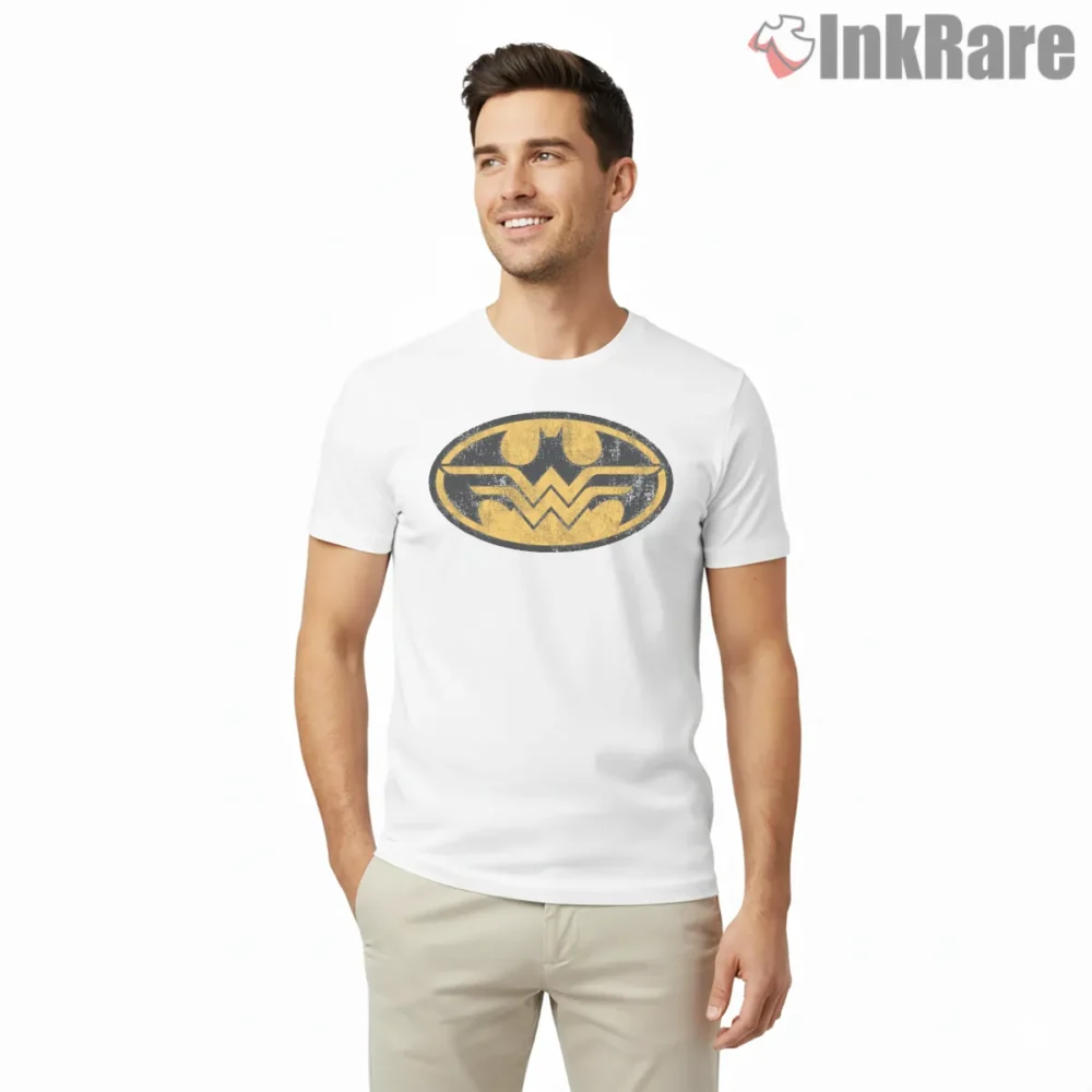 Batman Wonder Warrior Emblem Shirt on white short sleeve shirt for men graphic tee