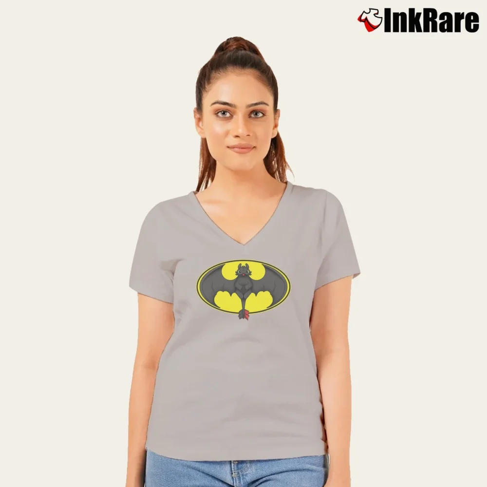 Women’s Batman X Toothless How To Train Your Dragon V-Neck Tee in sport grey | Chic Neckline, Soft Texture