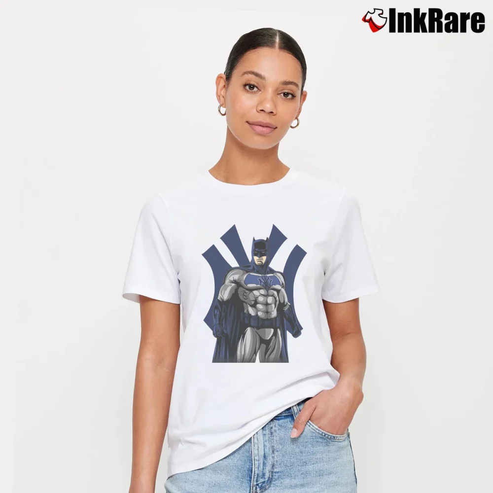 Women’s Batman Yankees DC Comics Crossover Baseball Signature T-Shirt in white | Soft, Flattering Fit