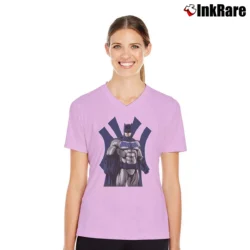 Women’s Batman Yankees DC Comics Crossover Baseball V-Neck Tee in light pink | Chic Neckline, Soft Texture