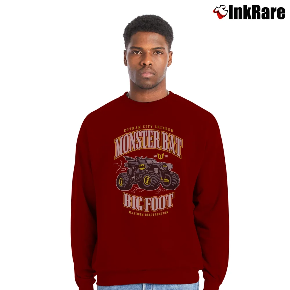 Men’s Batmobile Monster Truck Car Graphic Crewneck Sweatshirt in maroon | Cozy Fabric, Clean Style