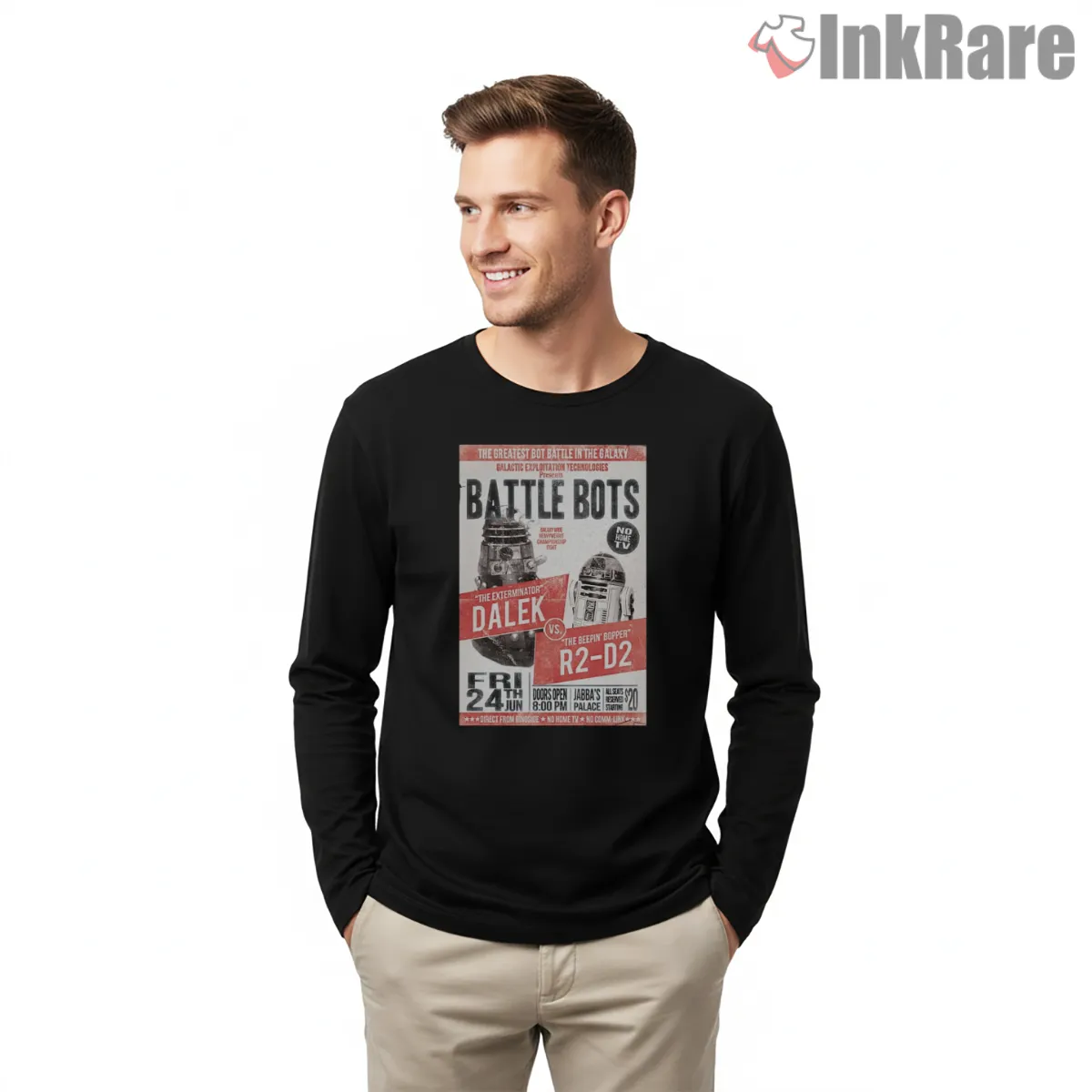 Battle Of The Bots Retro Magazine Parody Shirt on black long sleeve shirt for men graphic tee
