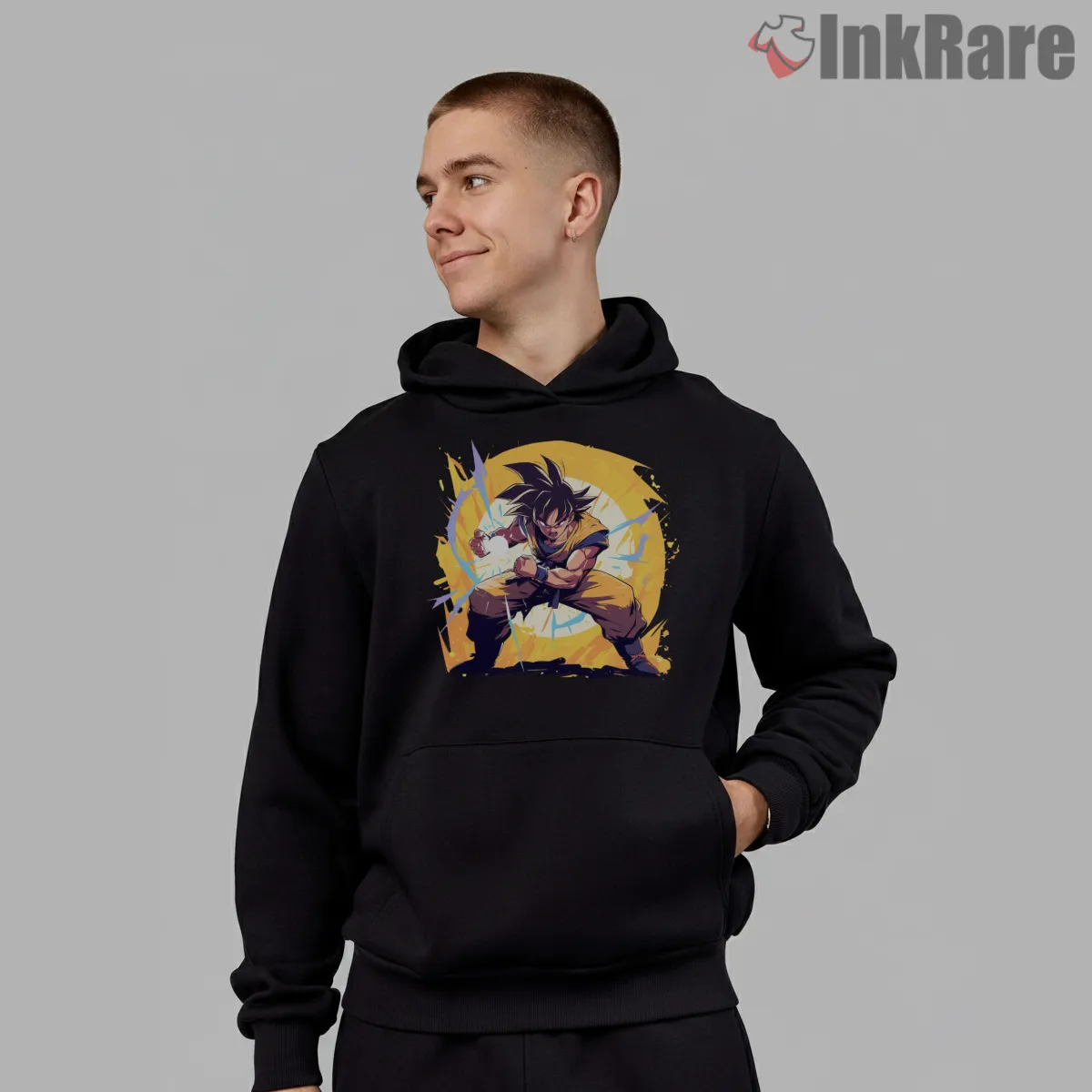 Battle Ready Goku Energy Burst Shirt on black hoodie for men graphic tee