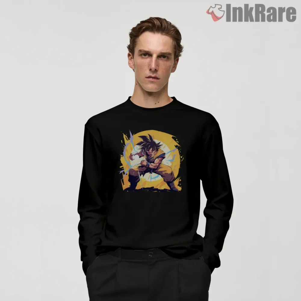 Battle Ready Goku Energy Burst Shirt on black long sleeve shirt for men graphic tee