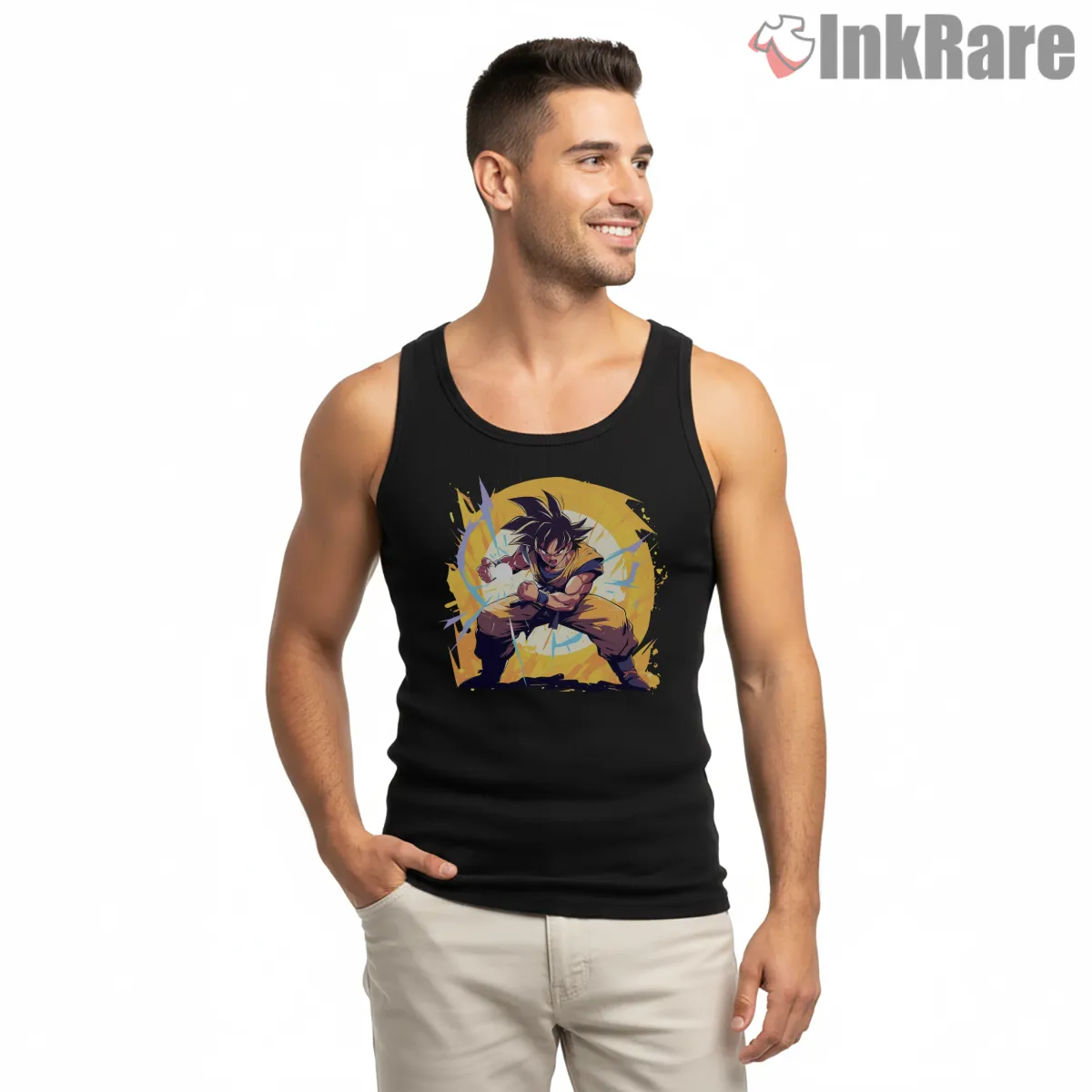 Battle Ready Goku Energy Burst Tank Top Black Battle Ready Goku Energy Burst Shirt on black tank top for men graphic tee