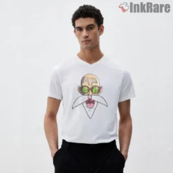 Battle Worn Master Roshi Grizzled Sensei Shirt on white v-neck shirt for men graphic tee
