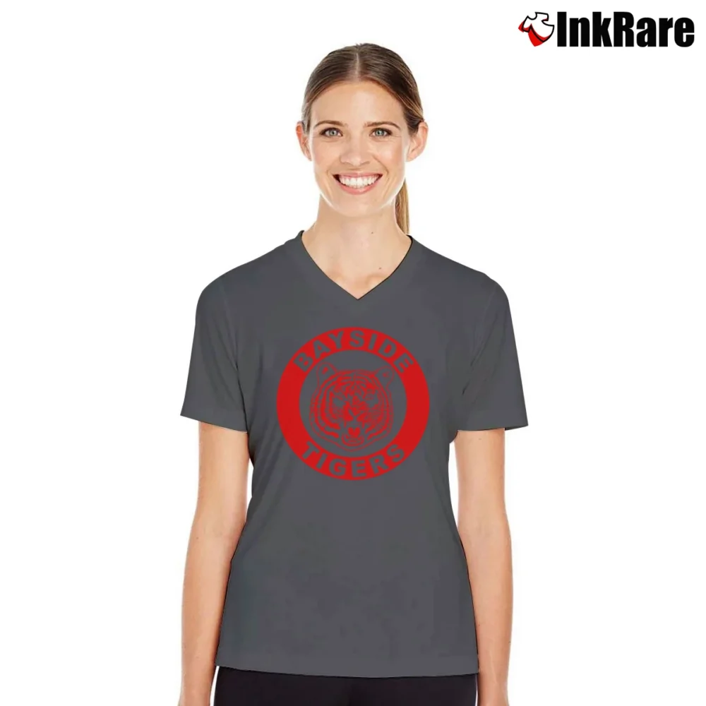 Women’s Bayside High School Tigers 90s Retro V-Neck Tee in charcoal | Chic Neckline, Soft Texture