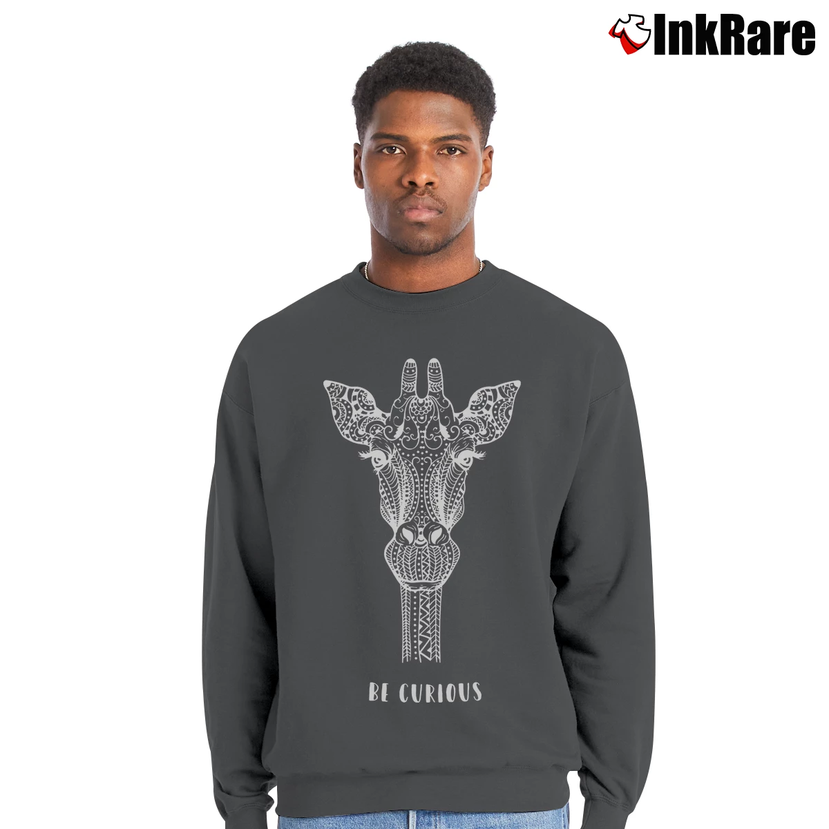Men’s Be Curious Giraffe Animal Crewneck Sweatshirt in charcoal | Cozy Fabric, Clean Style
