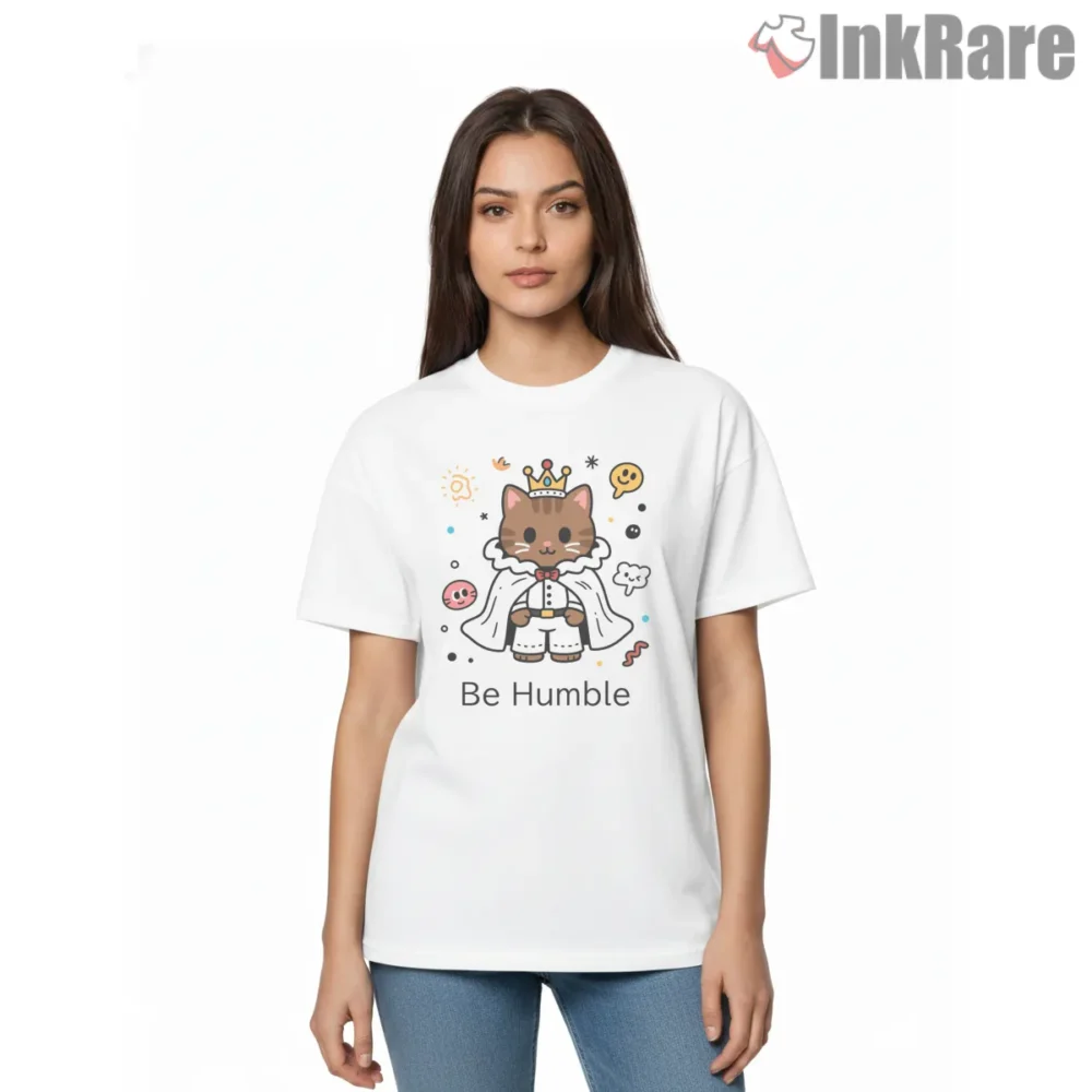 Be Humble Kendrick Lamar Cat King Cartoon Shirt on white short sleeve shirt for women graphic tee