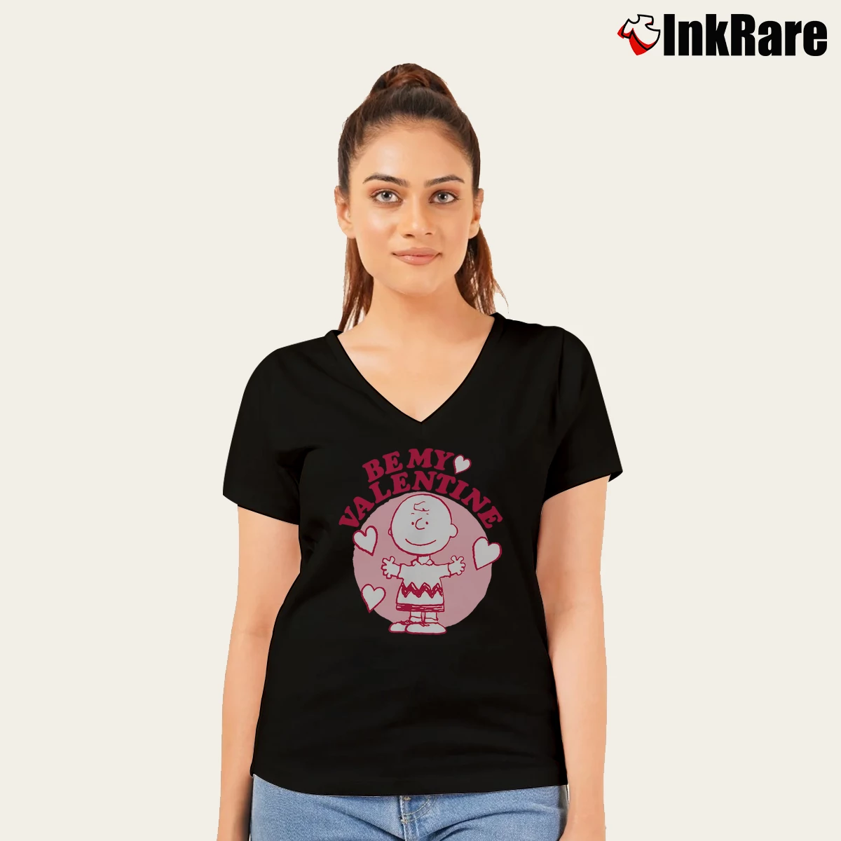 Be My Valentine Charlie Brown Heart Women’s V-Neck Tee in black – Flattering Fit Women’s Be My Valentine Charlie Brown Heart V-Neck Tee in black | Chic Neckline, Soft Texture