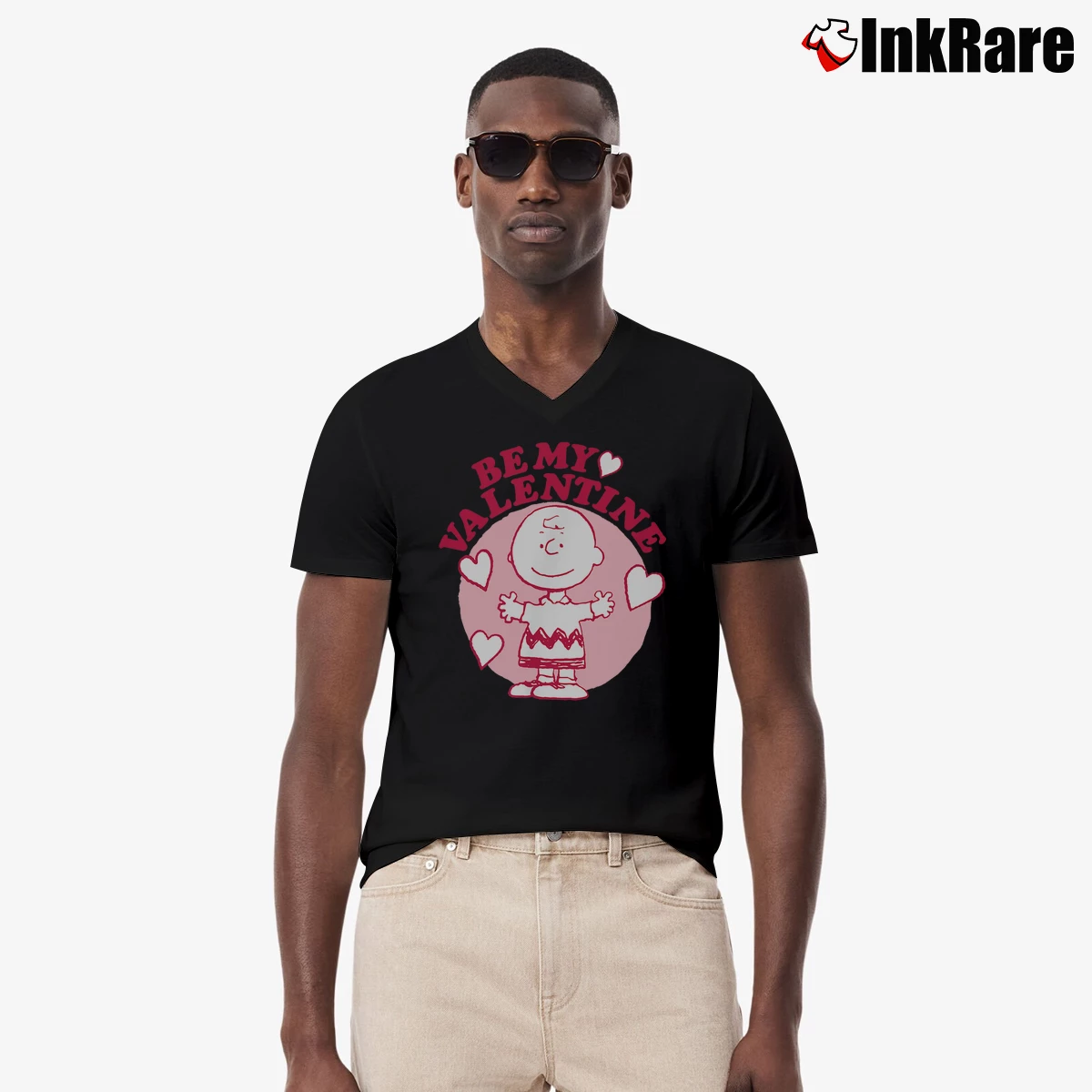 Be My Valentine Charlie Brown Heart Men’s V-Neck Tee in black – Modern Essential Men’s Be My Valentine Charlie Brown Heart V-Neck Tee in black | Sharp, Breathable, Everyday Staple