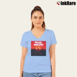 Women’s Beach Weather Sunset V-Neck Tee in light blue | Chic Neckline, Soft Texture