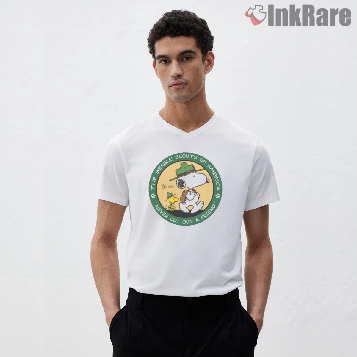 Beagle Scouts Of America Never Cut Out A Friend Shirt on white v-neck shirt for men graphic tee