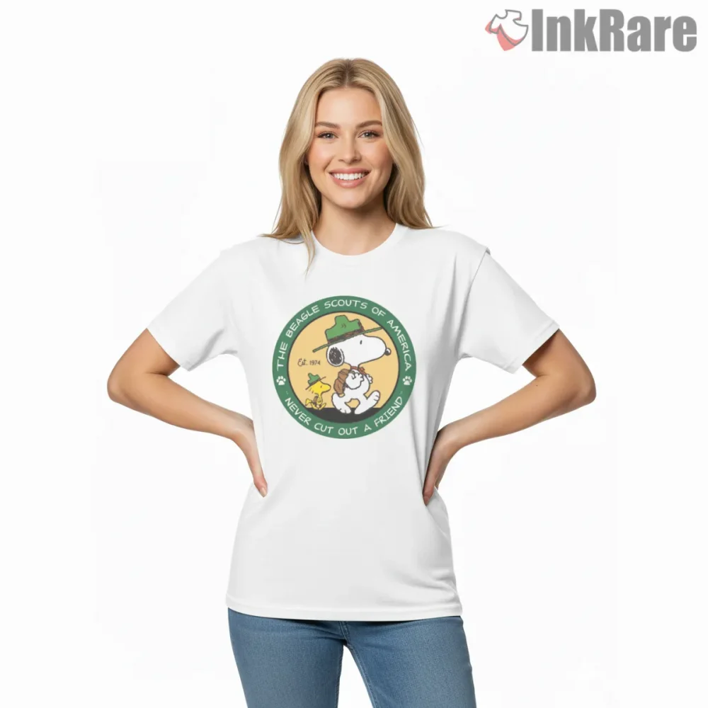 Beagle Scouts Of America Never Cut Out A Friend Shirt on white short sleeve shirt for women graphic tee
