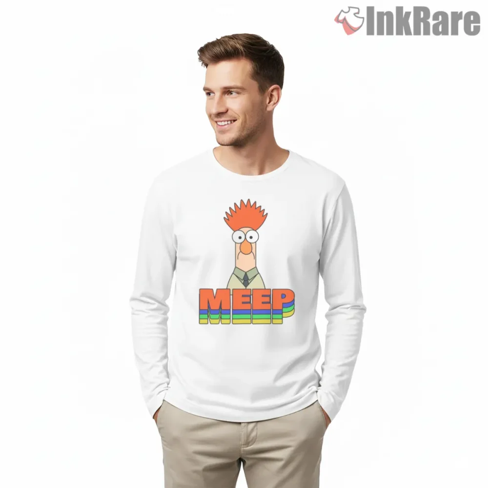 Beaker Meep Rainbow Retro Text Graphic Shirt on white long sleeve shirt for men graphic tee