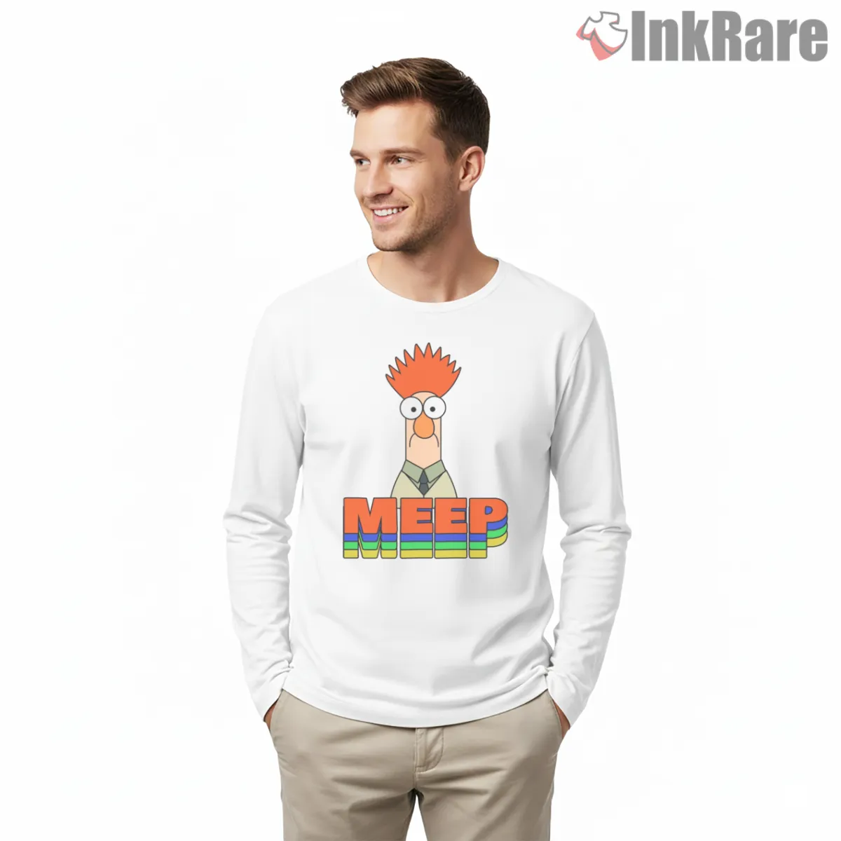 Beaker Meep Rainbow Retro Text Graphic Long Sleeve White Beaker Meep Rainbow Retro Text Graphic Shirt on white long sleeve shirt for men graphic tee