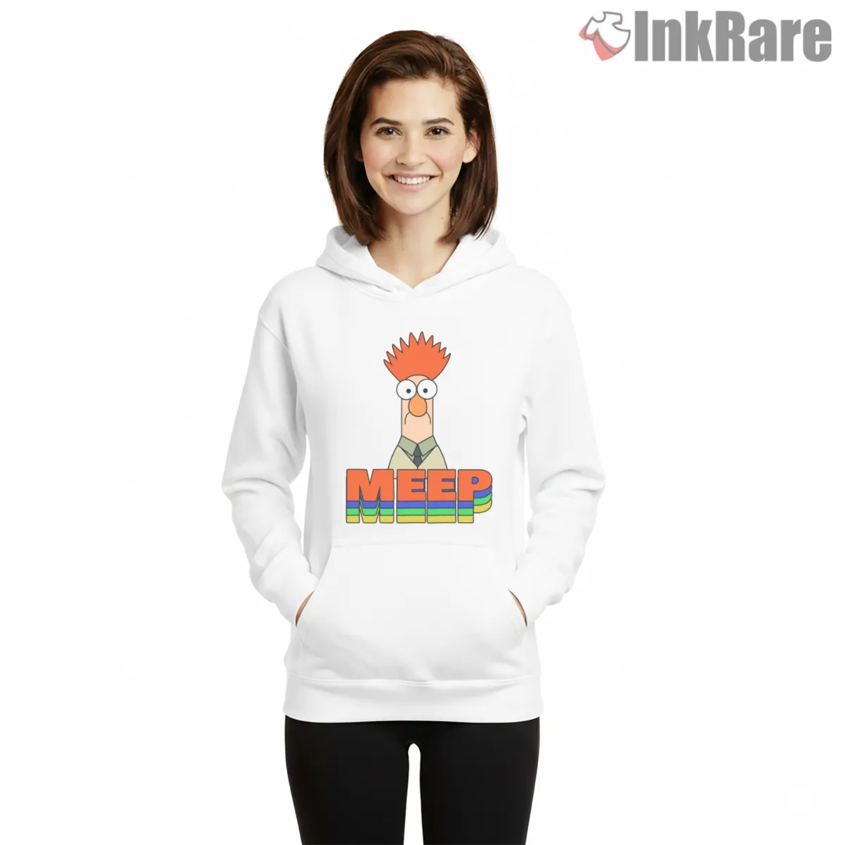 Beaker Meep Rainbow Retro Text Graphic Hoodie White Beaker Meep Rainbow Retro Text Graphic Shirt on white hoodie for women graphic tee