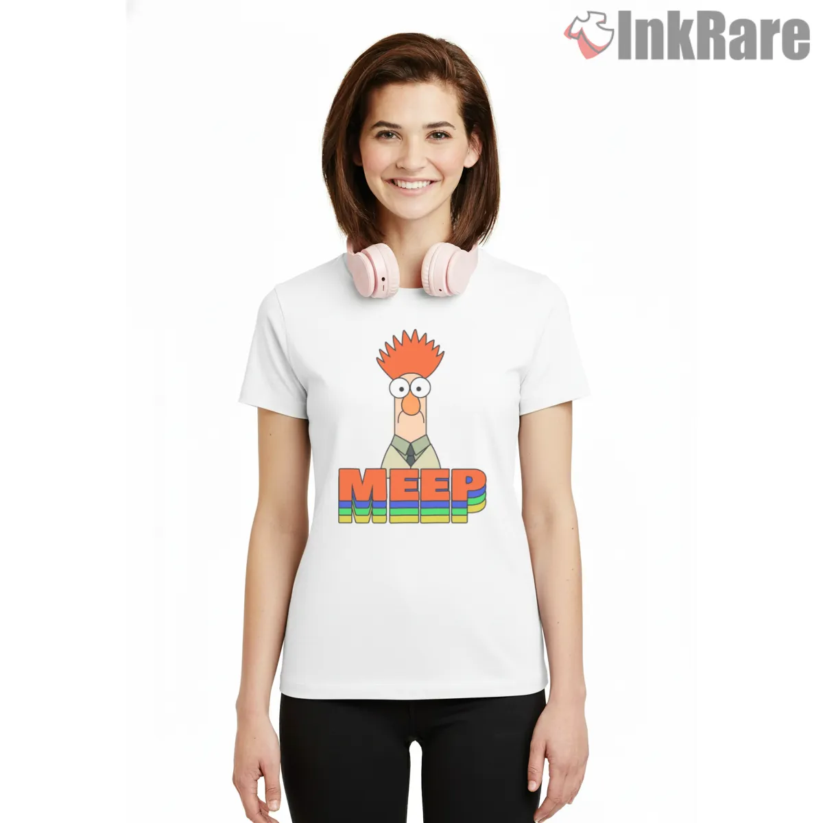 Beaker Meep Rainbow Retro Text Graphic Shirt on white short sleeve shirt for women graphic tee