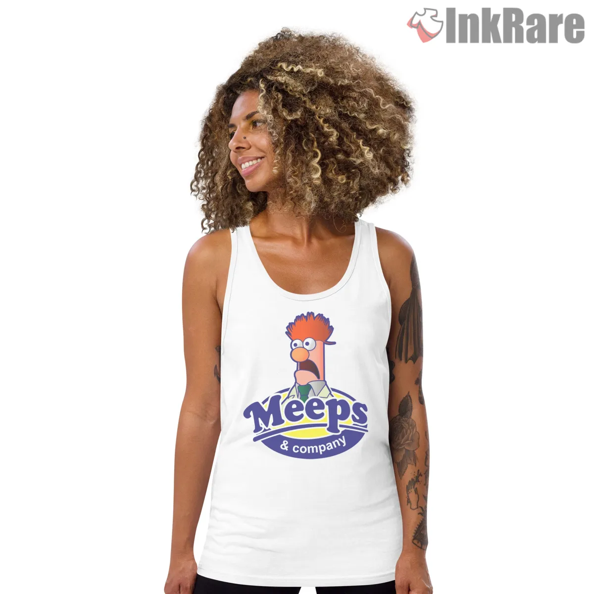 Beaker Meeps And Company Retro Logo Style Shirt on white tank top for women graphic tee