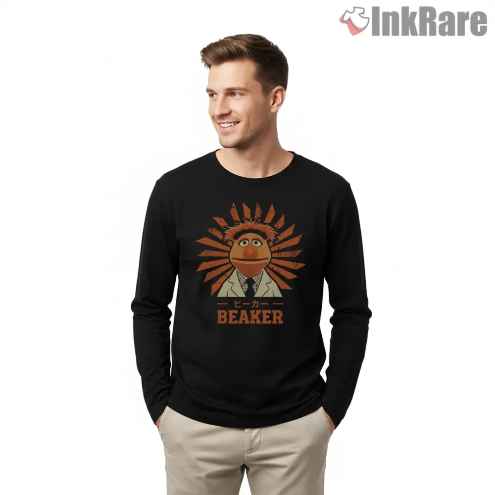 Beaker Retro Japanese Style Sunburst Poster Shirt on black long sleeve shirt for men graphic tee